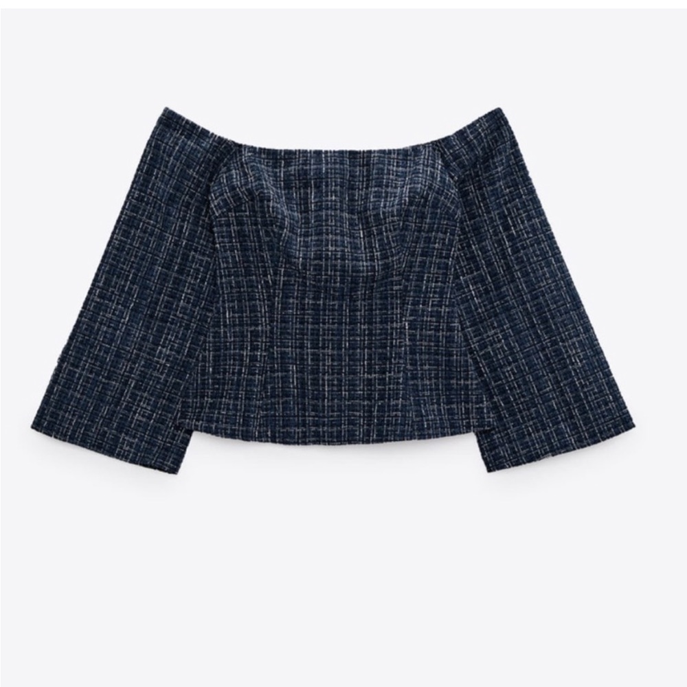 Zara blue and black tweed  Off Shoulder Top bell‎ sleeve
